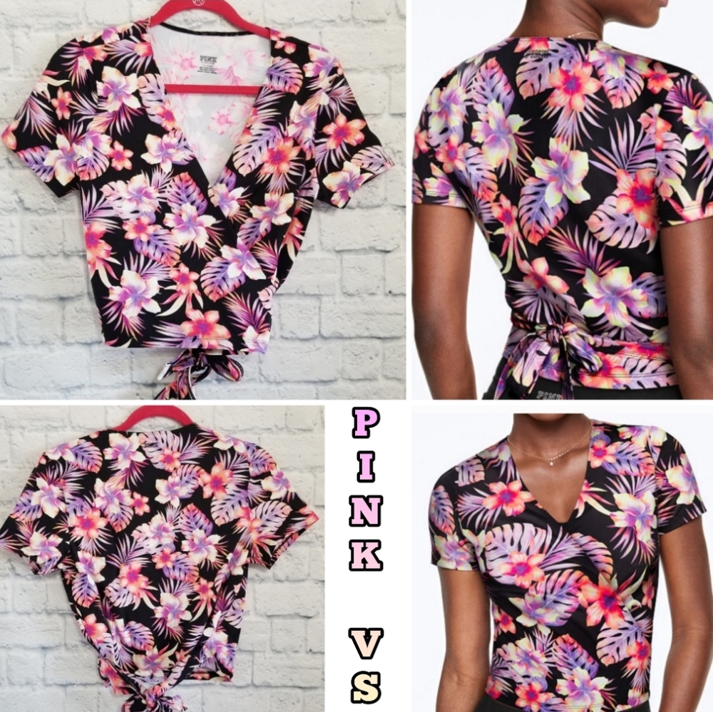 PINK Victoria's Secret Tropical Ultimate Wrap Top Short Sleeve Shirt Large New